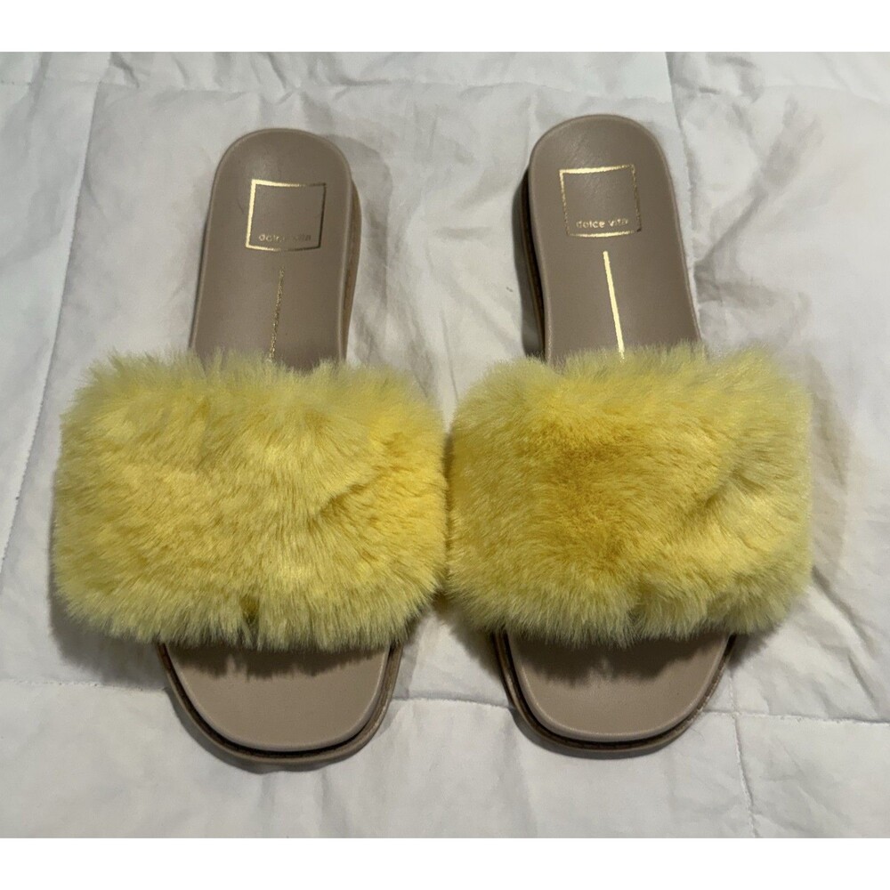 Dolce Vita Gwynn Women's Yellow Beige Faux Fur Slip On Slide Sandals Size 7